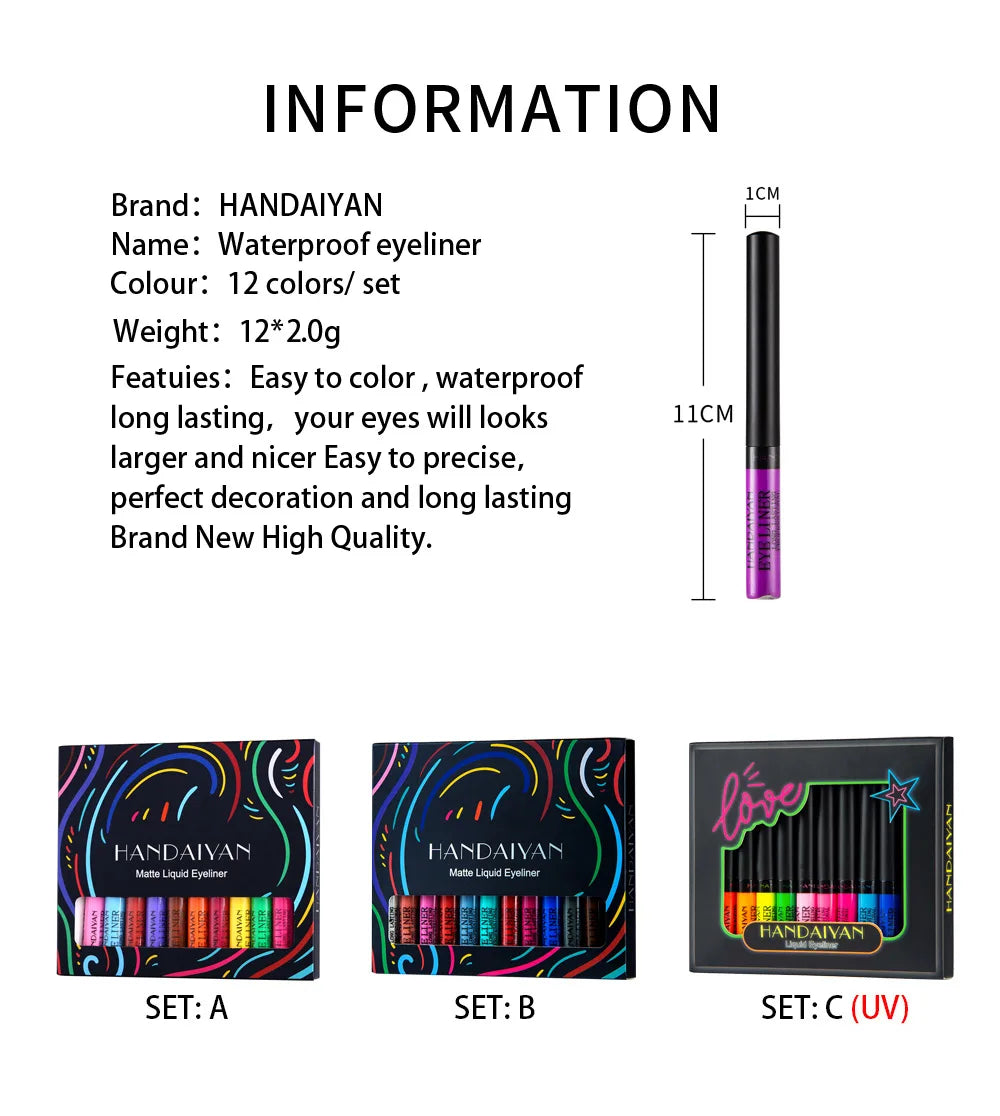 Σετ 12 Ματ Υγρά Eyeliner - Έντονα Χρώματα και Αδιάβροχο Αποτέλεσμα